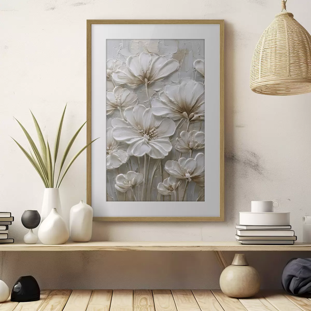 Plakat kremowe kwiaty w stylu imitującym impasto f45712