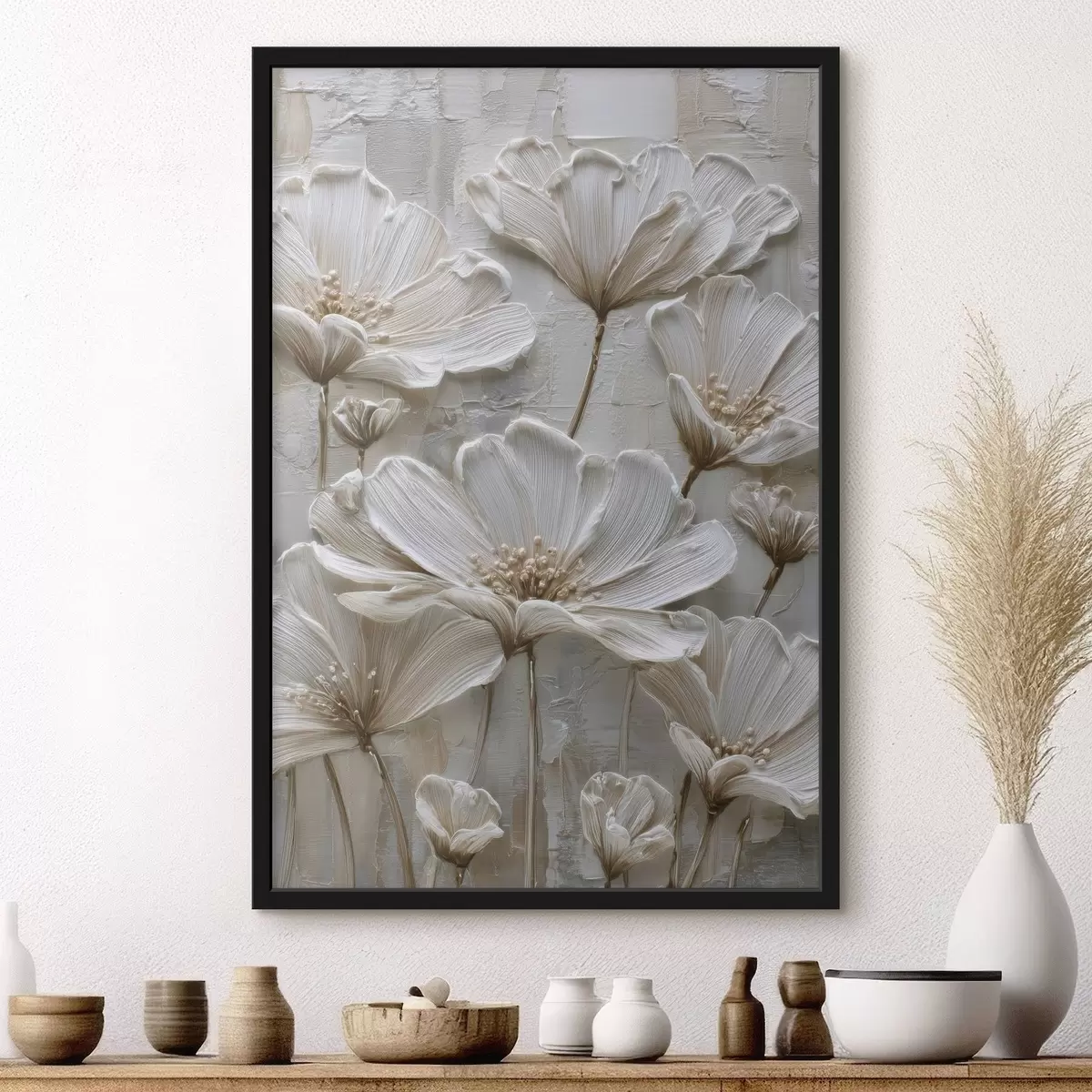 Plakat kremowe kwiaty w stylu imitującym impasto f45713
