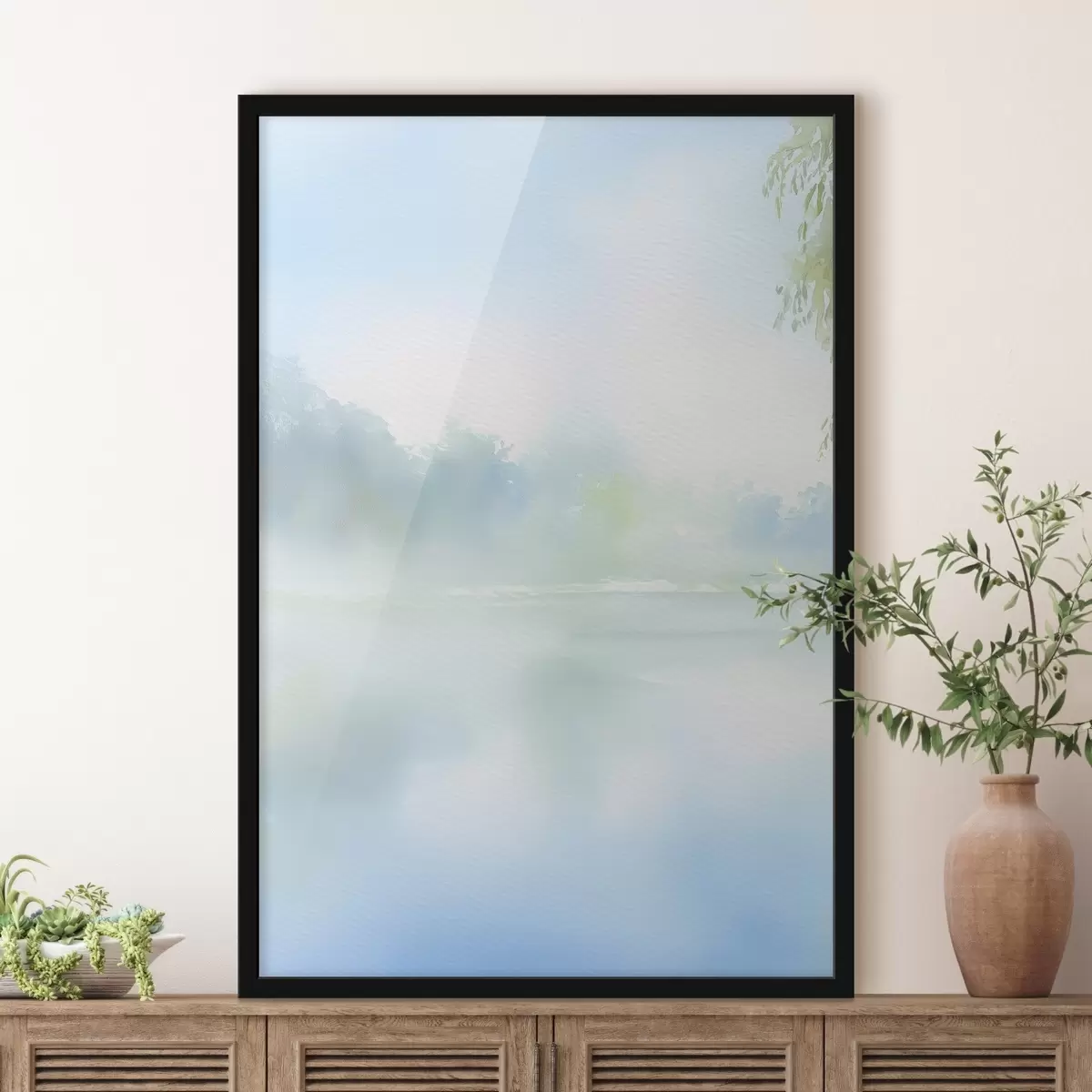 Plakat akwarelowe jezioro w odcieniach niebieskiego f45714