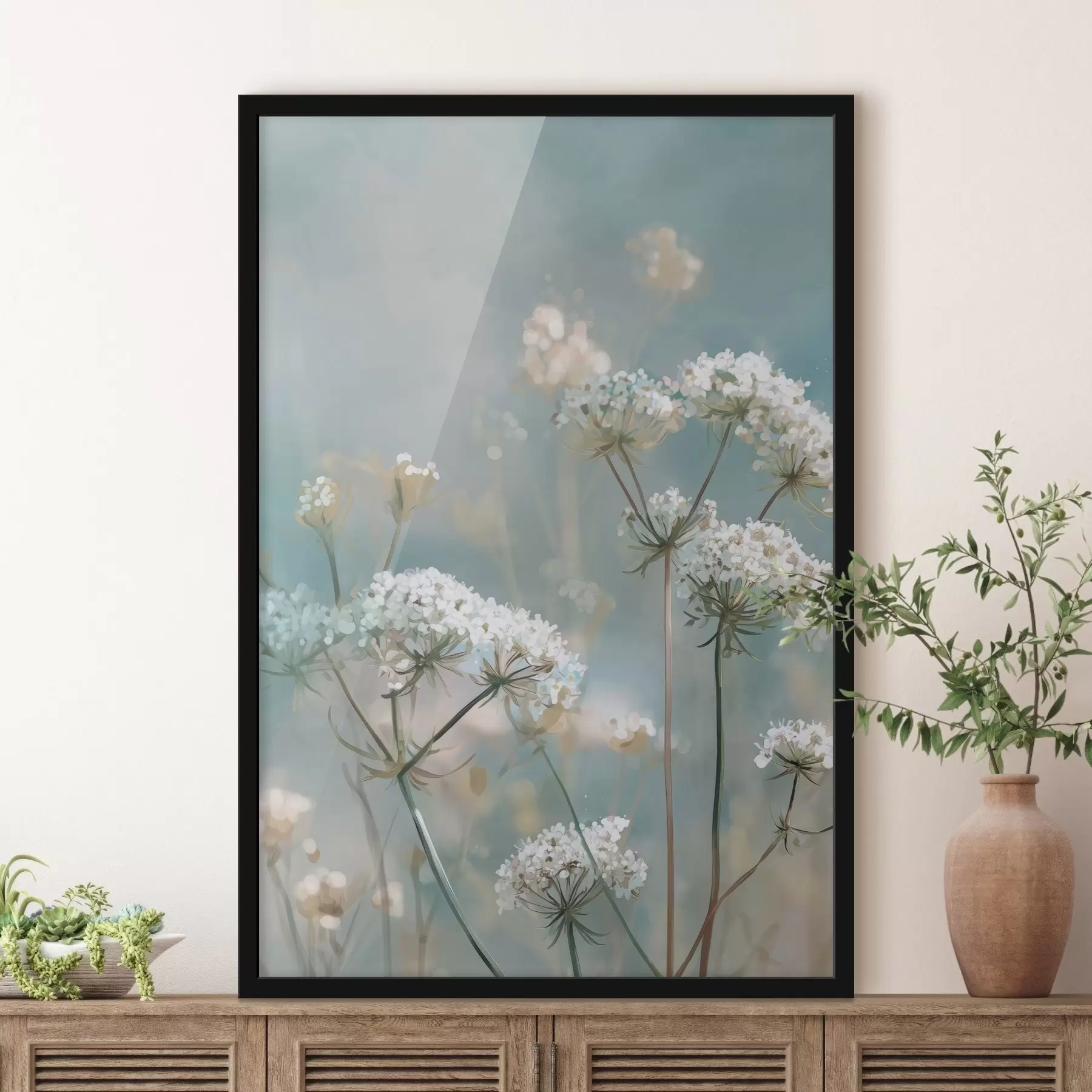 Fototapeta Kwiaty Queen Anne's Lace w stylu akwareli na niebieskim tle f45721