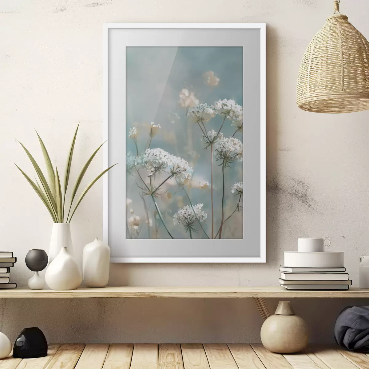 Plakat Kwiaty Queen Anne's Lace w stylu akwareli na niebieskim tle f45721