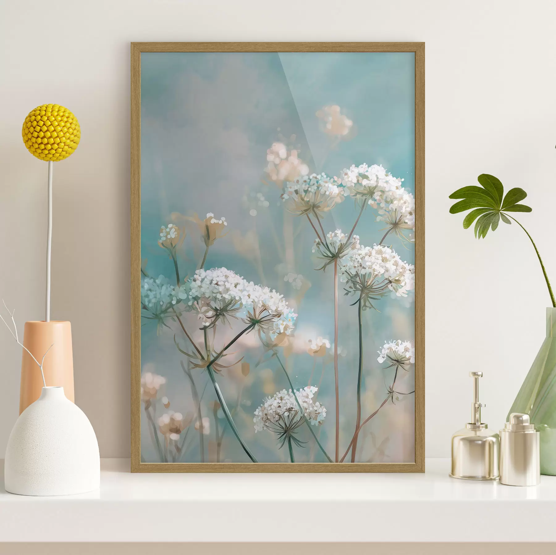 Fototapeta Kwiaty Queen Anne's Lace w stylu akwareli na niebieskim tle f45721