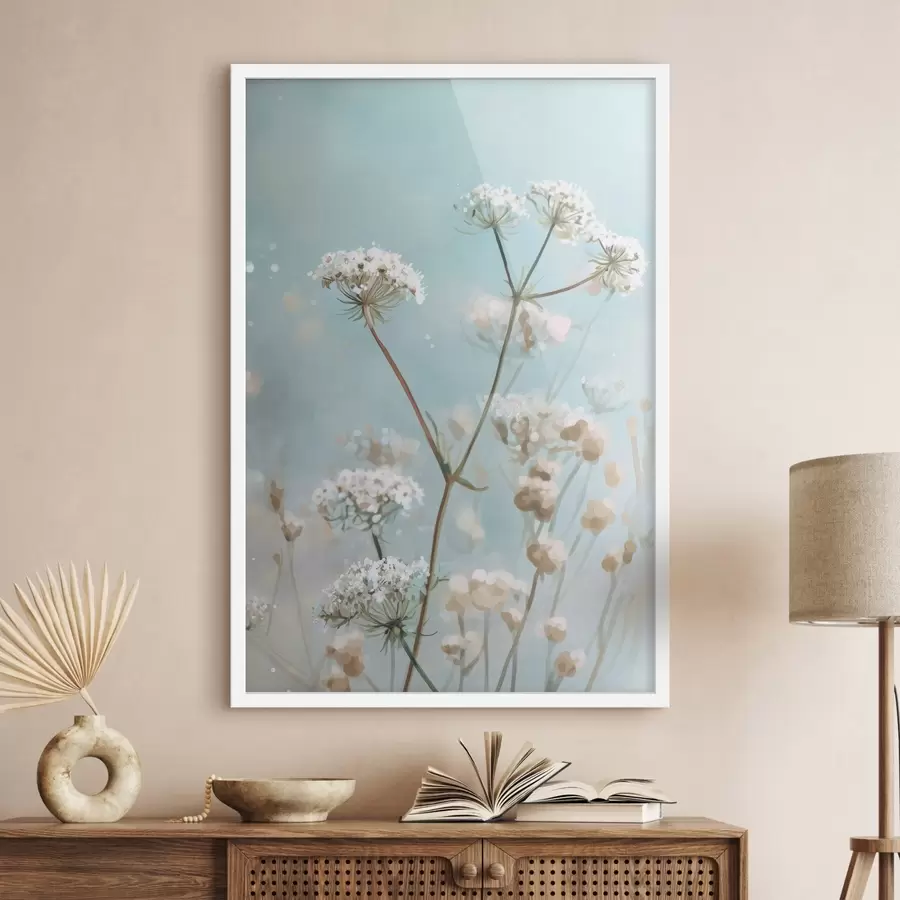 Fototapeta Kwiaty Queen Anne's Lace w stylu akwareli na niebieskim tle f45722