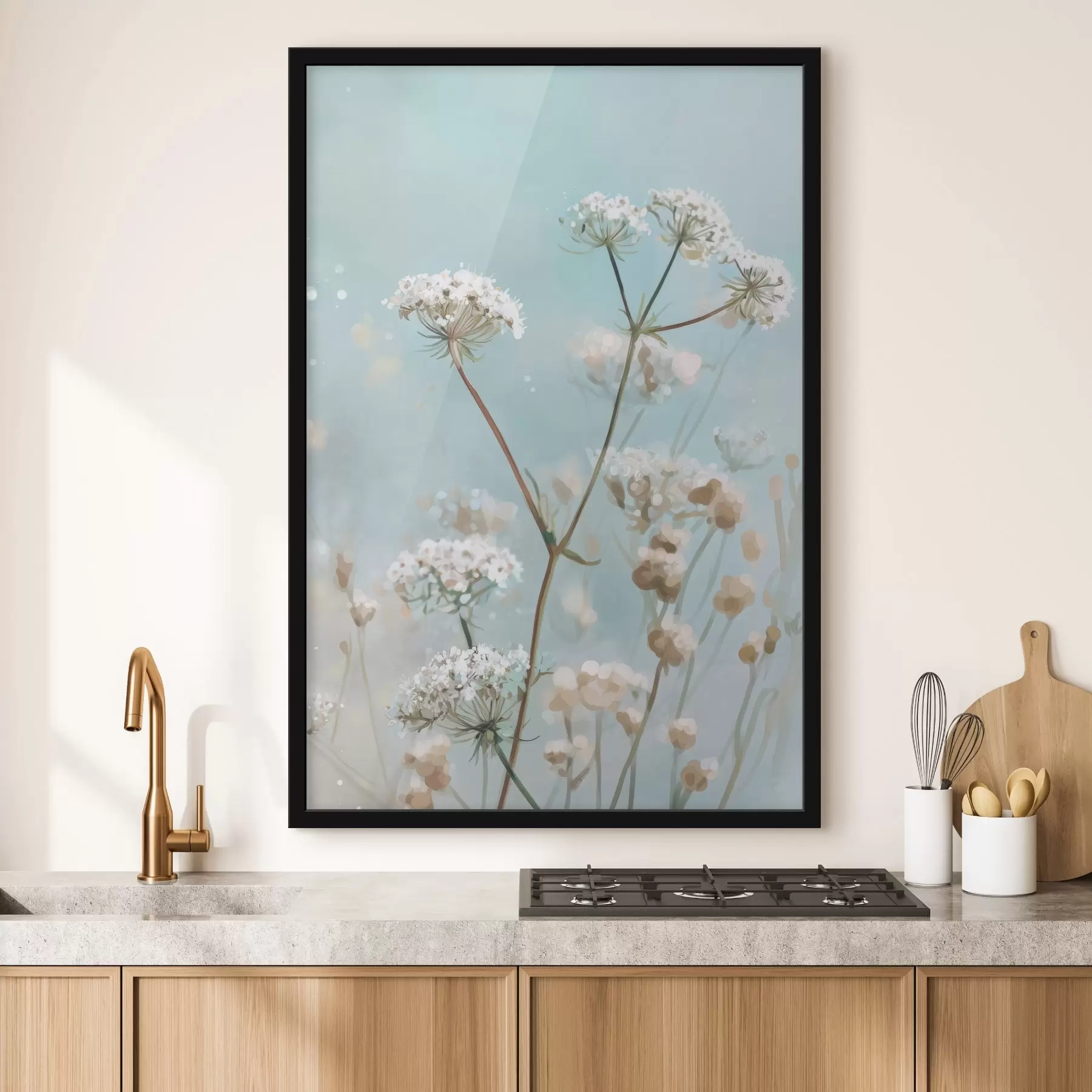 Fototapeta Kwiaty Queen Anne's Lace w stylu akwareli na niebieskim tle f45722