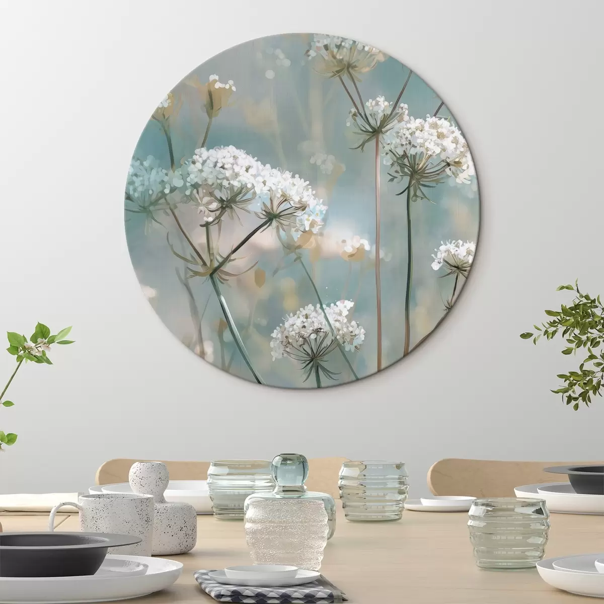 Okrągłe obrazy Kwiaty Queen Anne's Lace w stylu akwareli na niebieskim tle r45721