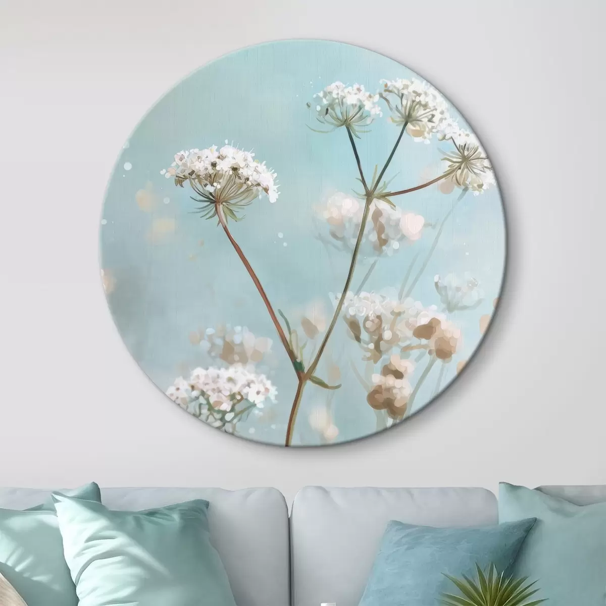 Okrągłe obrazy Kwiaty Queen Anne's Lace w stylu akwareli na niebieskim tle r45722