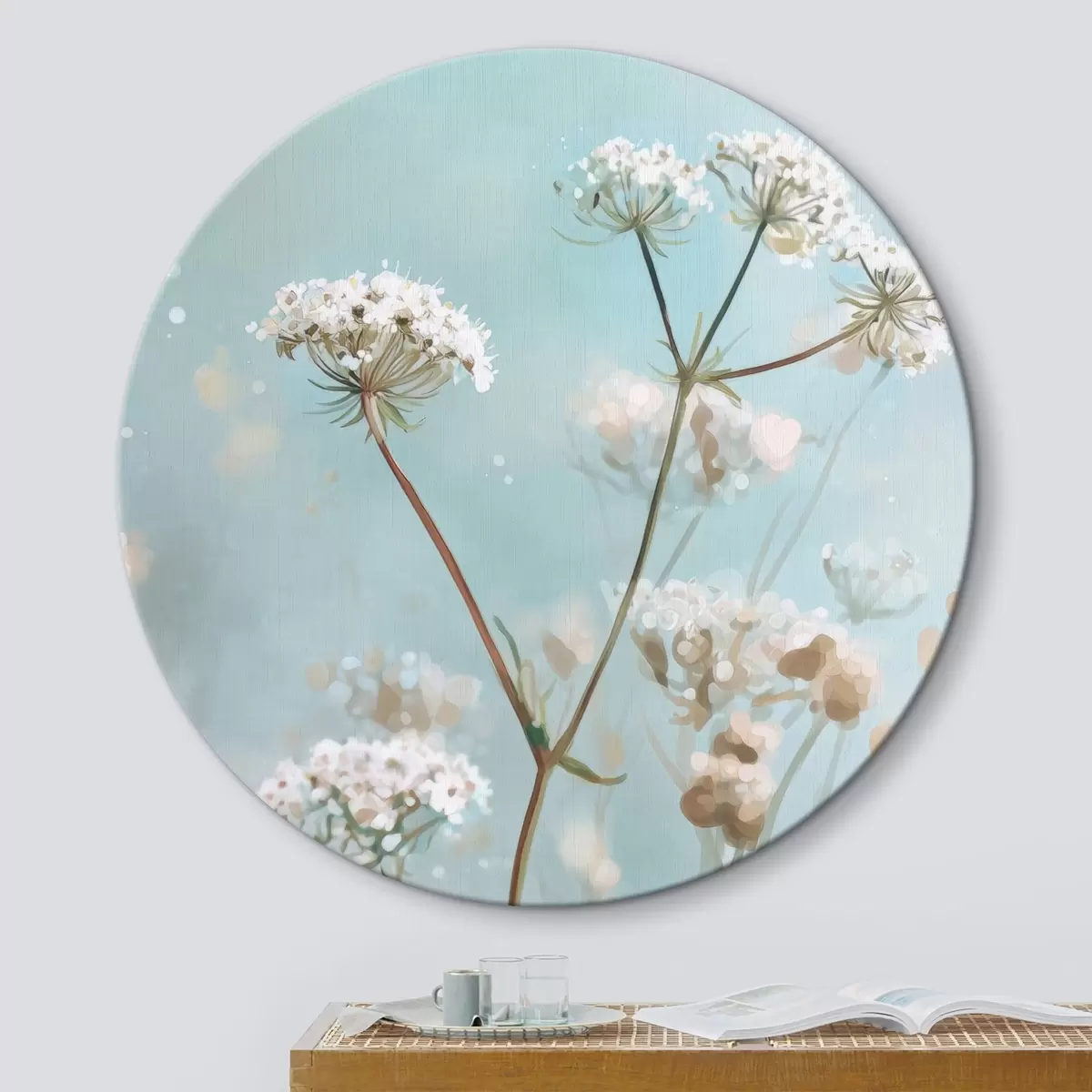Okrągłe obrazy Kwiaty Queen Anne's Lace w stylu akwareli na niebieskim tle r45722