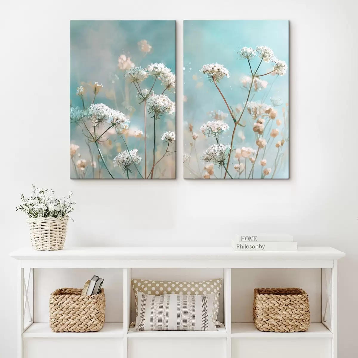 Obraz Kwiaty Queen Anne's Lace w stylu akwareli na niebieskim tle m00705