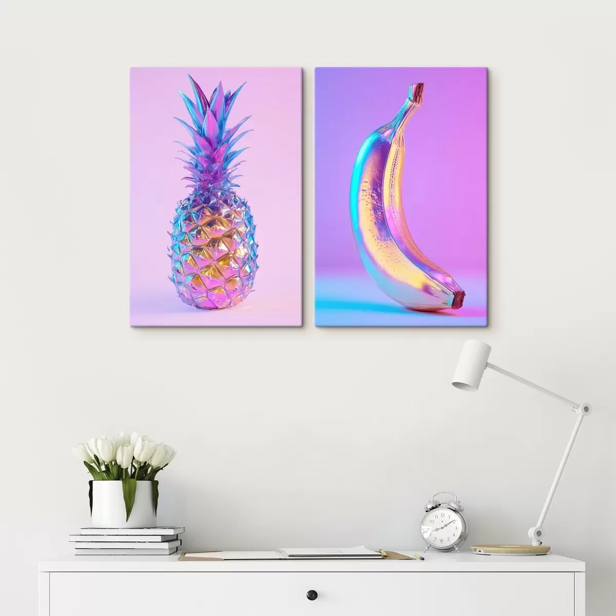 Obraz jasny, błyszczący ananas i banan w stylu pop art m00737