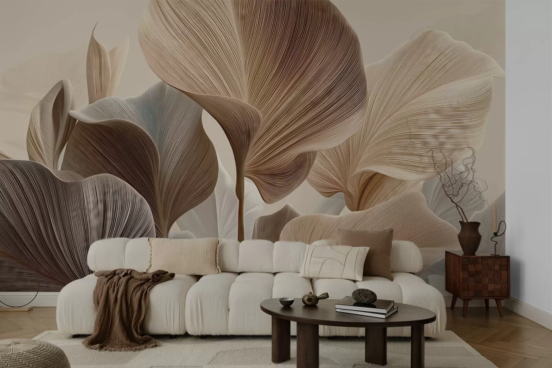 Fototapeta Eleganckie beżowe liście o delikatnej liniowej fakturze w04549