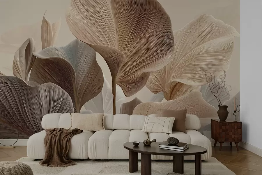 Fototapeta Eleganckie beżowe liście o delikatnej liniowej fakturze w04549