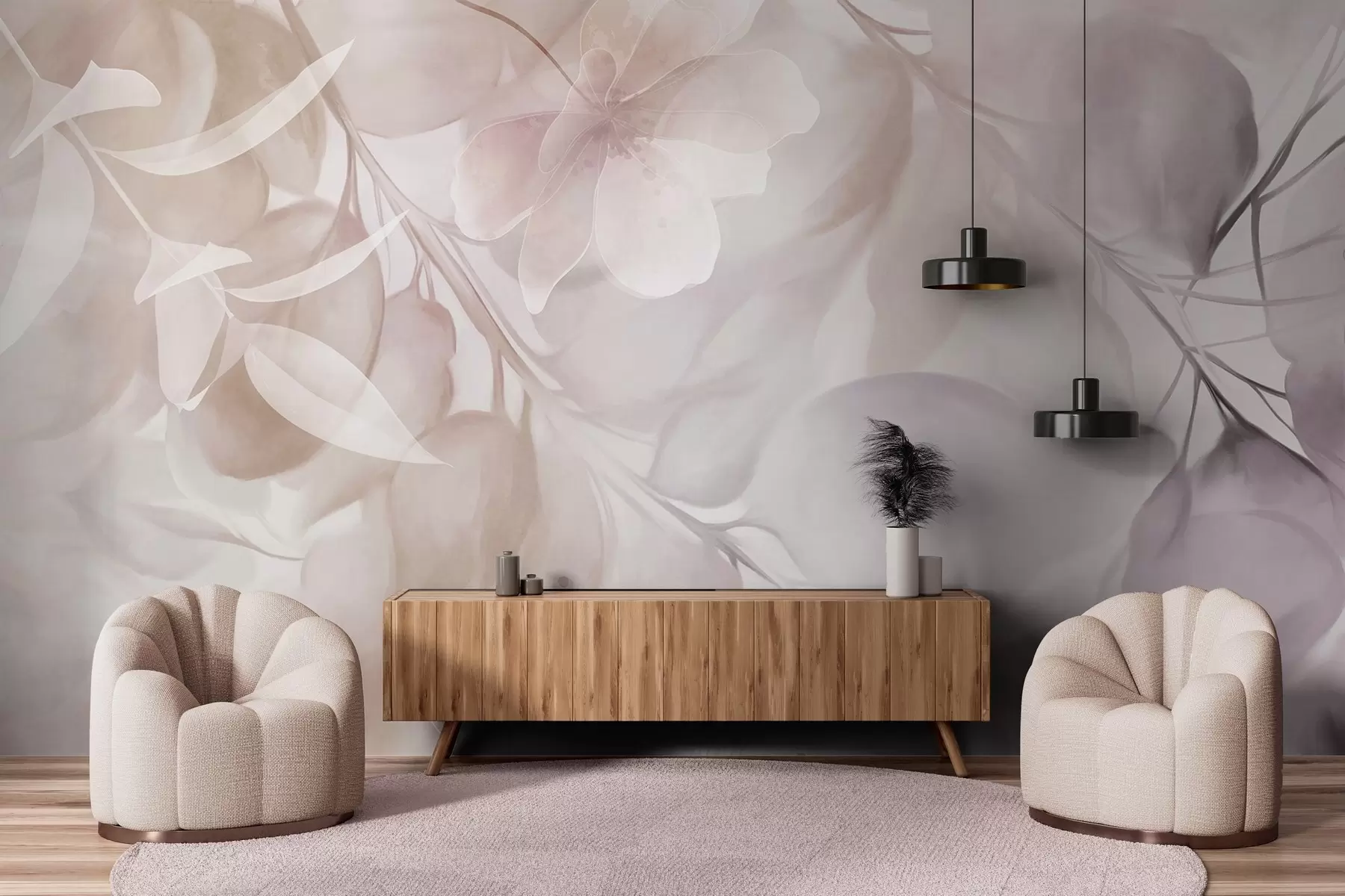 Fototapeta Sztuka kwiatowa z stonowanymi beżowymi i brązowymi kwiatami, liśćmi i gałęziami, delikatnymi pastelowymi kolorami, efektem tekstury akwareli w09397