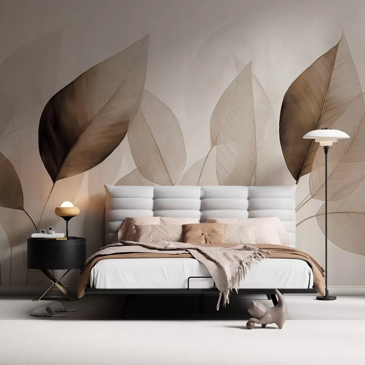 Fototapeta Teksturowane malowanie imitujące liście w odcieniach brązu i beżu z delikatnymi żyłkami i łodygami w09400v1