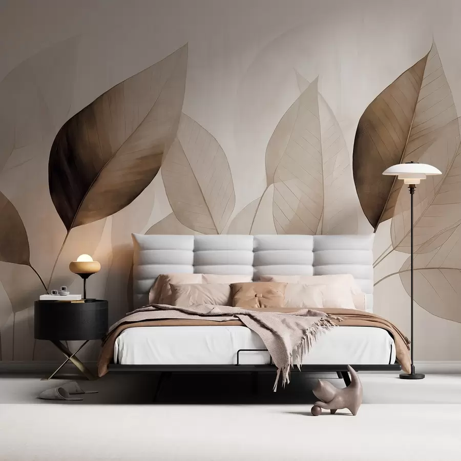 Fototapeta Teksturowane malowanie imitujące liście w odcieniach brązu i beżu z delikatnymi żyłkami i łodygami w09400v1