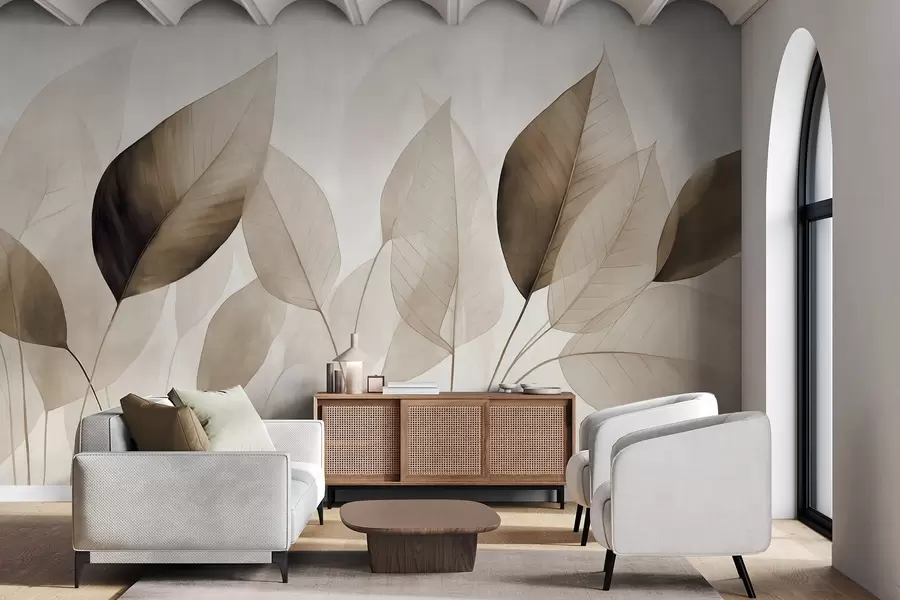 Fototapeta Teksturowane malowanie imitujące liście w odcieniach brązu i beżu z delikatnymi żyłkami i łodygami w09400v1