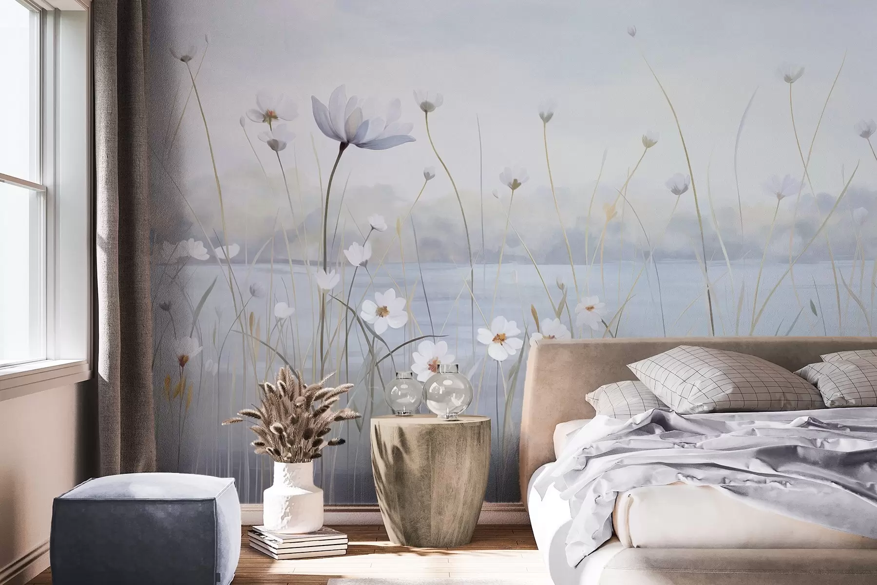 Fototapeta Białe kwiaty na długich łodygach na polu, jasnoniebieskie niebo, delikatne kolory, teksturowane, minimalistyczny styl, inspirowane naturą, spokojne tło w09401