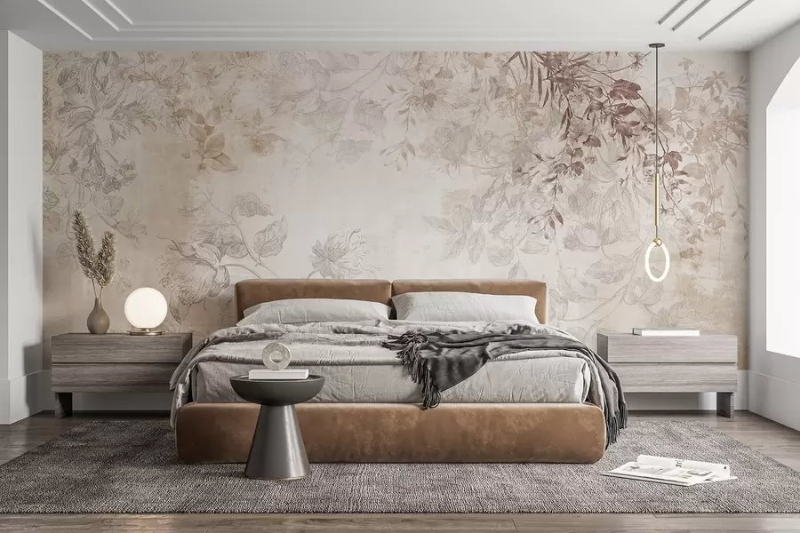 Fototapeta Vintage teksturowana grafika kwiatowa z delikatnymi ilustracjami ogrodowych kwiatów i liści w stylu rysunkowym, w delikatnych pastelowych odcieniach beżu i sepii w09402