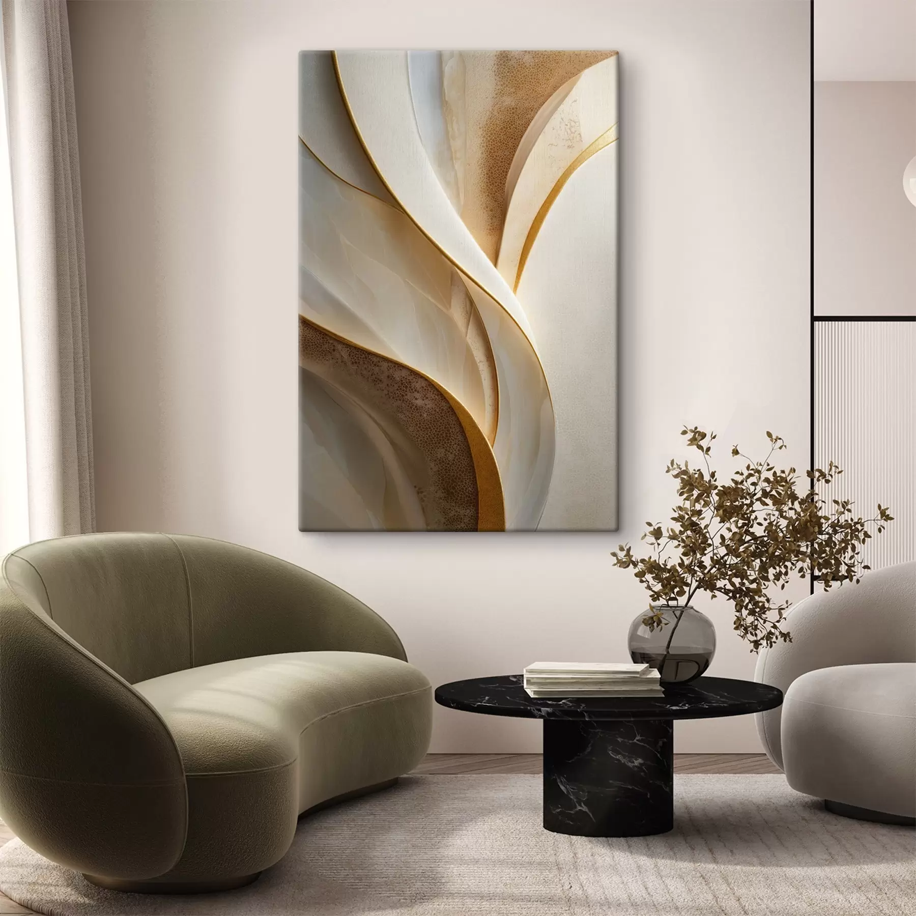 Obraz Abstrakcyjne krzywe z akcentami w kolorze żółto-pomarańczowym i beżowym s45807