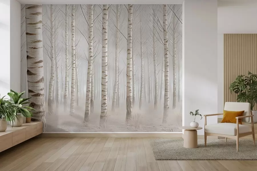 Fototapeta Las brzozowy we mgle, lekki minimalizm w04574