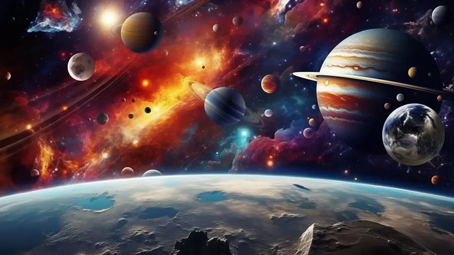 Fototapeta Kolorowy kosmos z planetami i mgławicami w04576