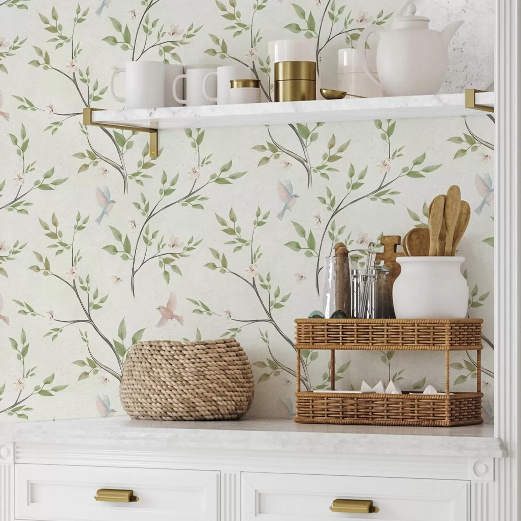 Fototapeta Akwarelowe gałęzie z liśćmi i ptakami na jasnym tle a00496