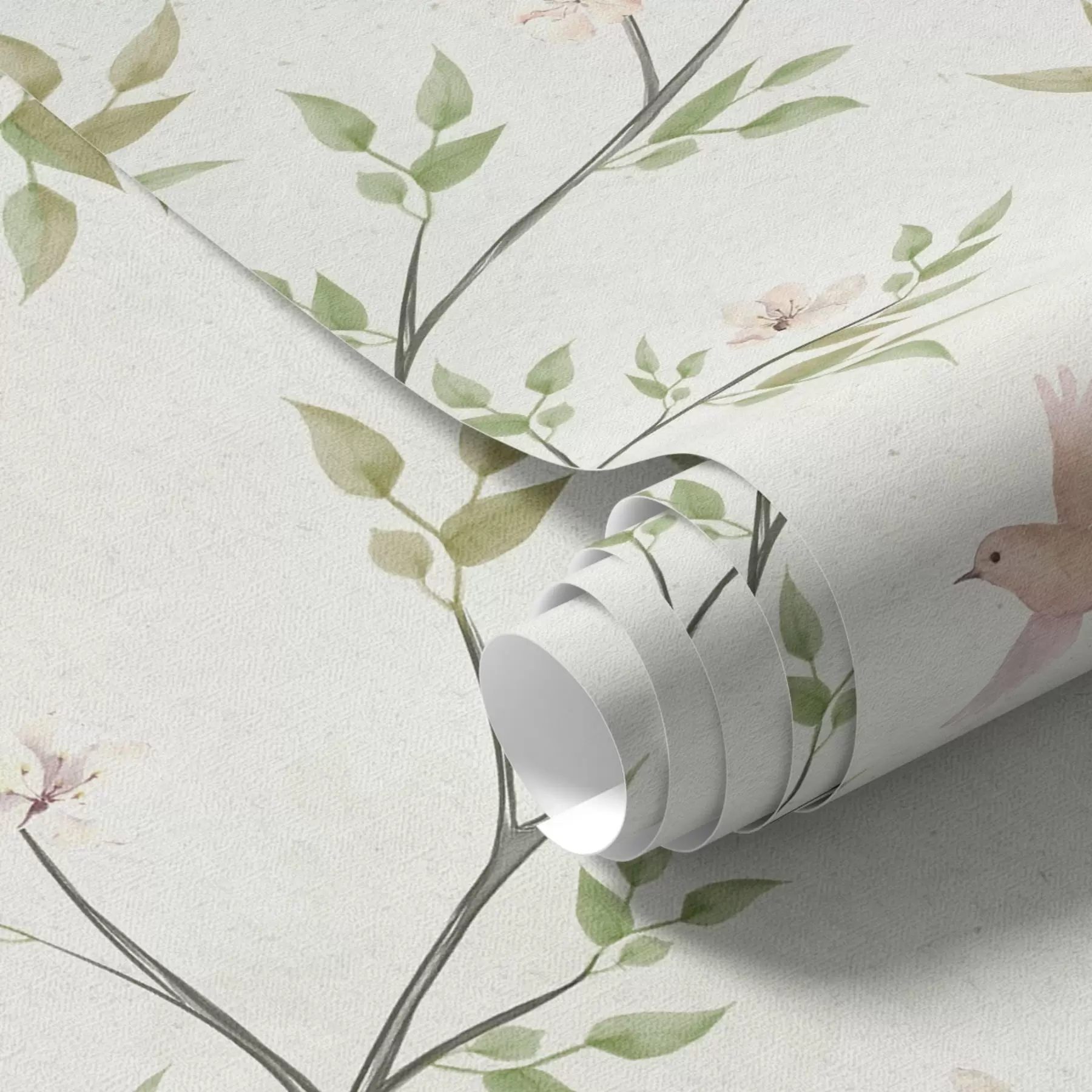 Fototapeta Akwarelowe gałęzie z liśćmi i ptakami na jasnym tle a00496