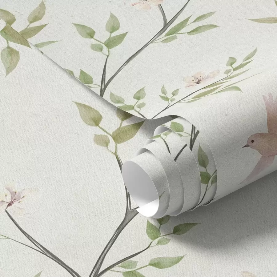 Fototapeta Akwarelowe gałęzie z liśćmi i ptakami na jasnym tle a00496