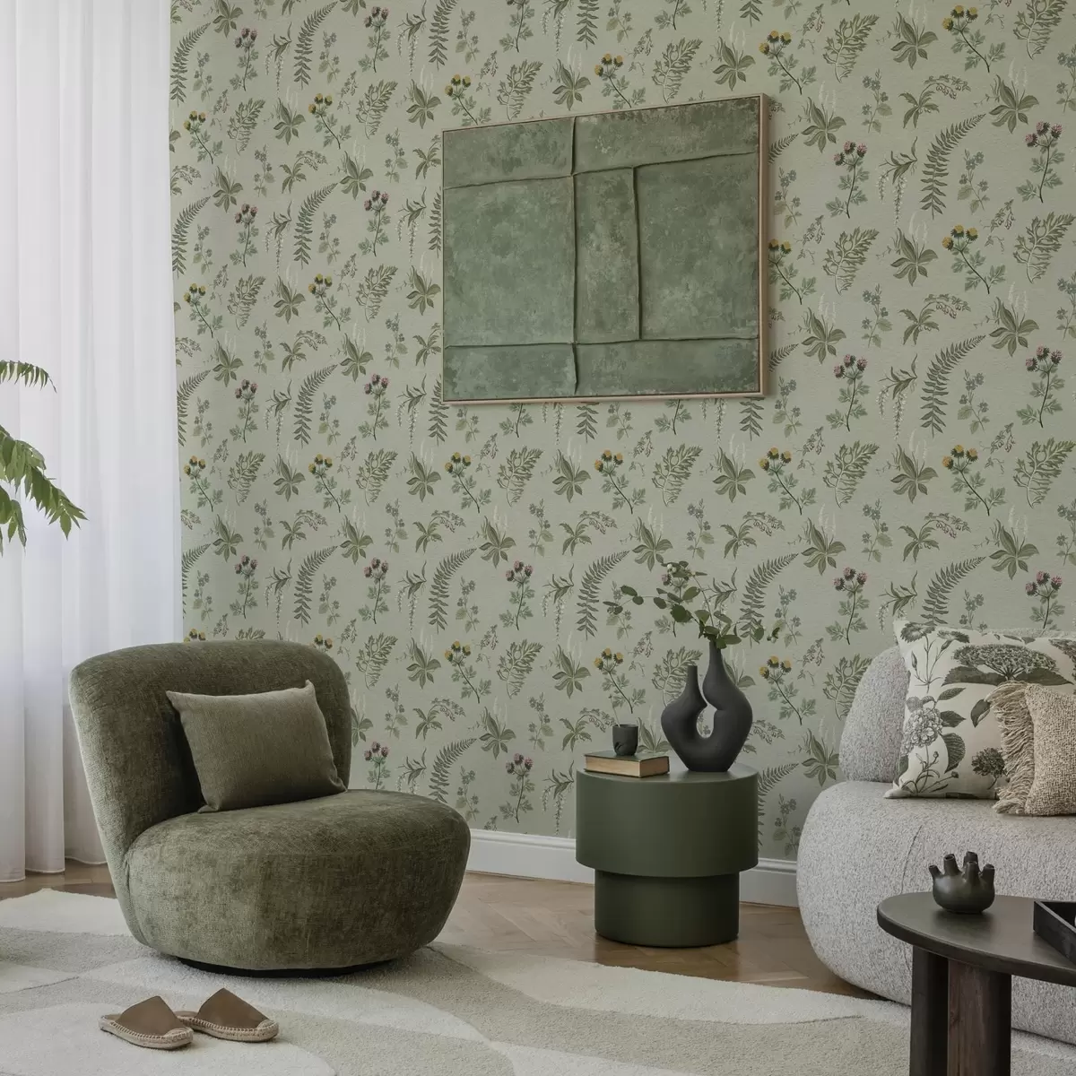 Tapeta Rośliny botaniczne i paprocie w kolorze jasnoszarym i zielonym a00498