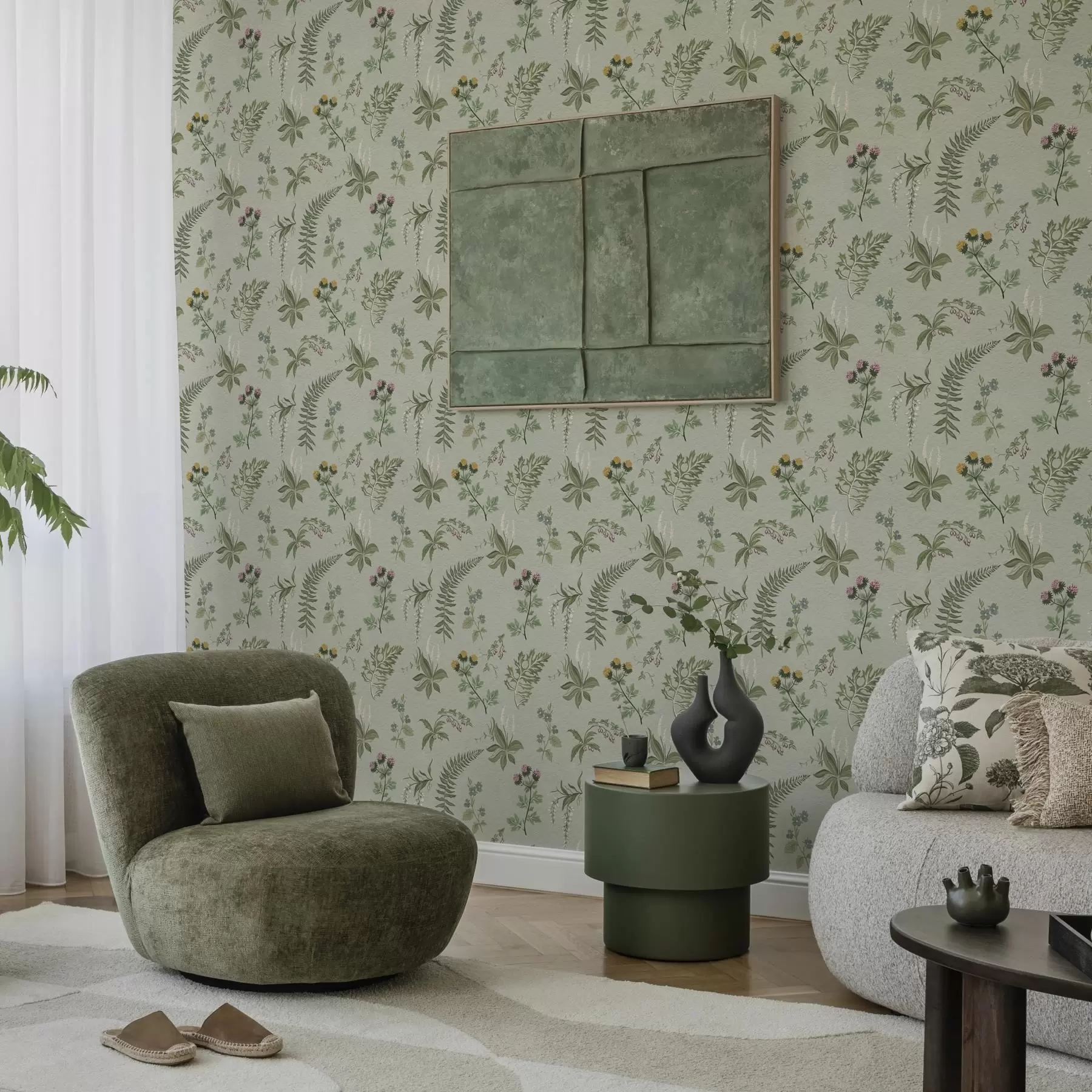 Fototapeta Rośliny botaniczne i paprocie w kolorze jasnoszarym i zielonym a00498