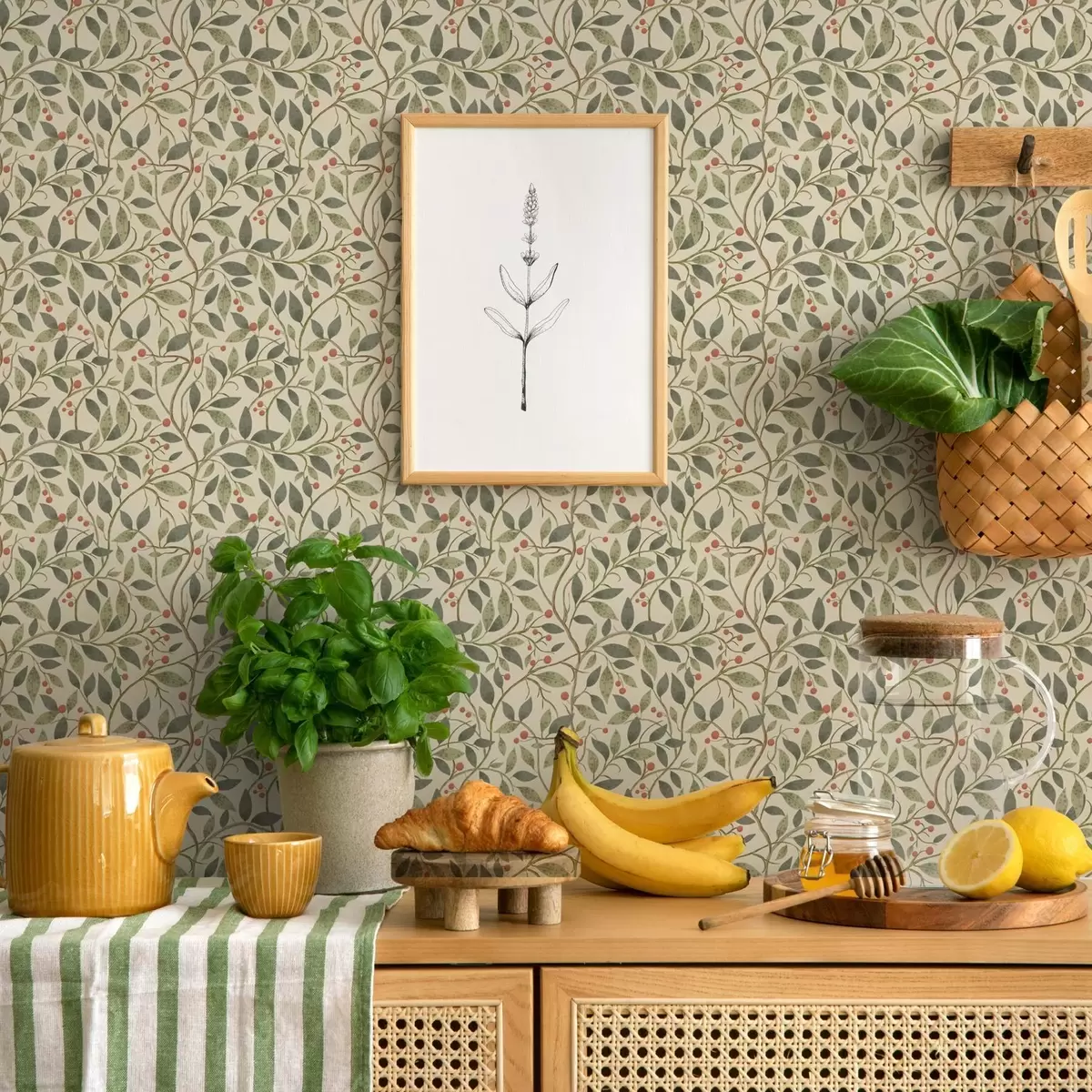 Tapeta Gałązki oliwne z jagodami na ciepłym, jasnym tle a00573