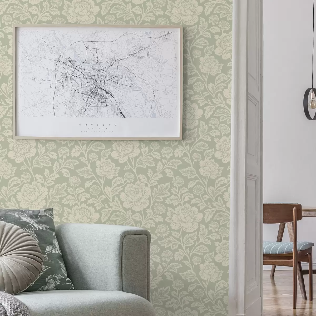 Tapeta Duże piwonie w stylu line art na szałwiowym tle a00582