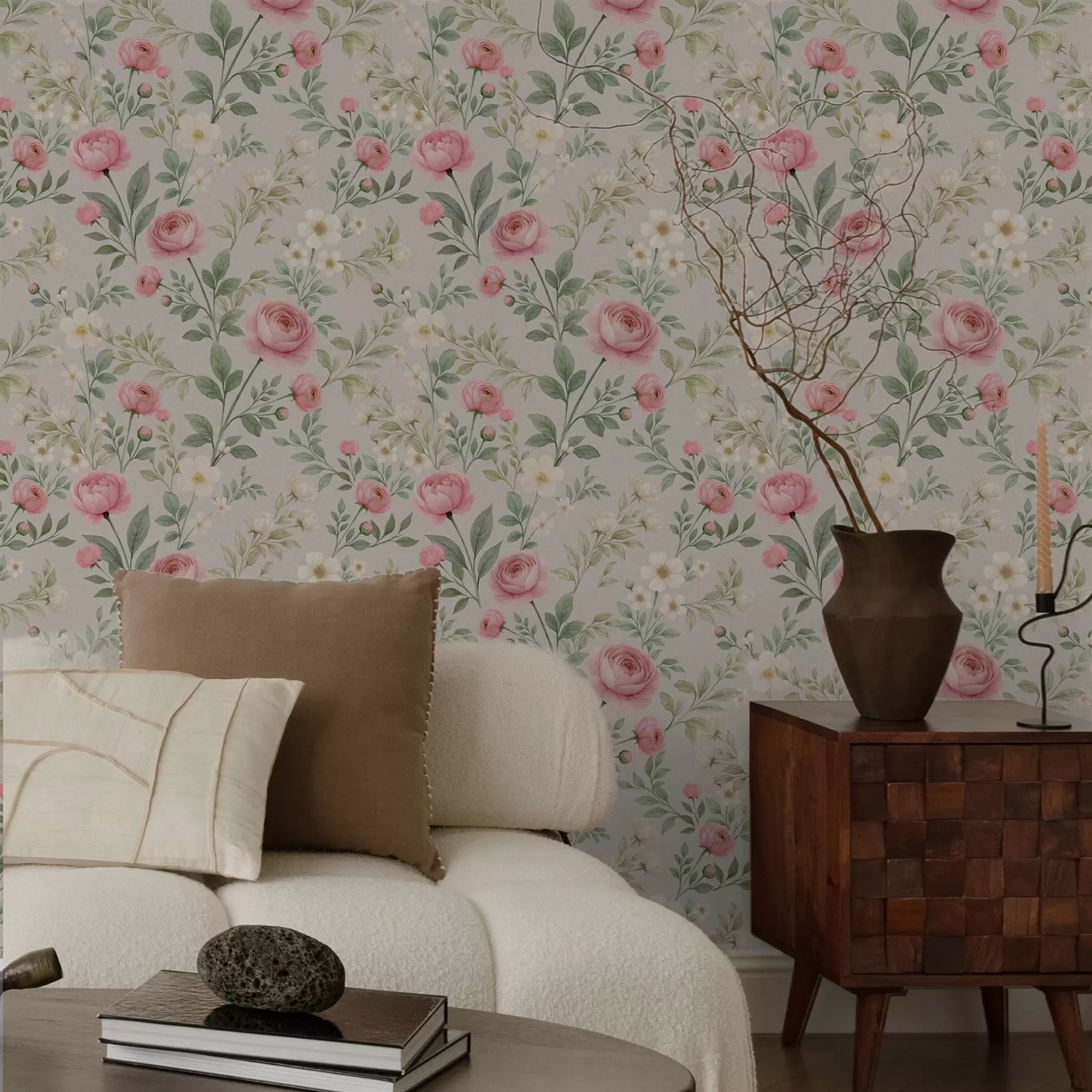 Fototapeta Akwarelowe piwonie i białe kwiaty na szaro-beżowym tle a00592