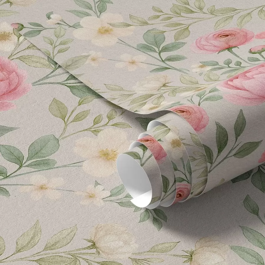 Fototapeta Akwarelowe piwonie i białe kwiaty na szaro-beżowym tle a00592