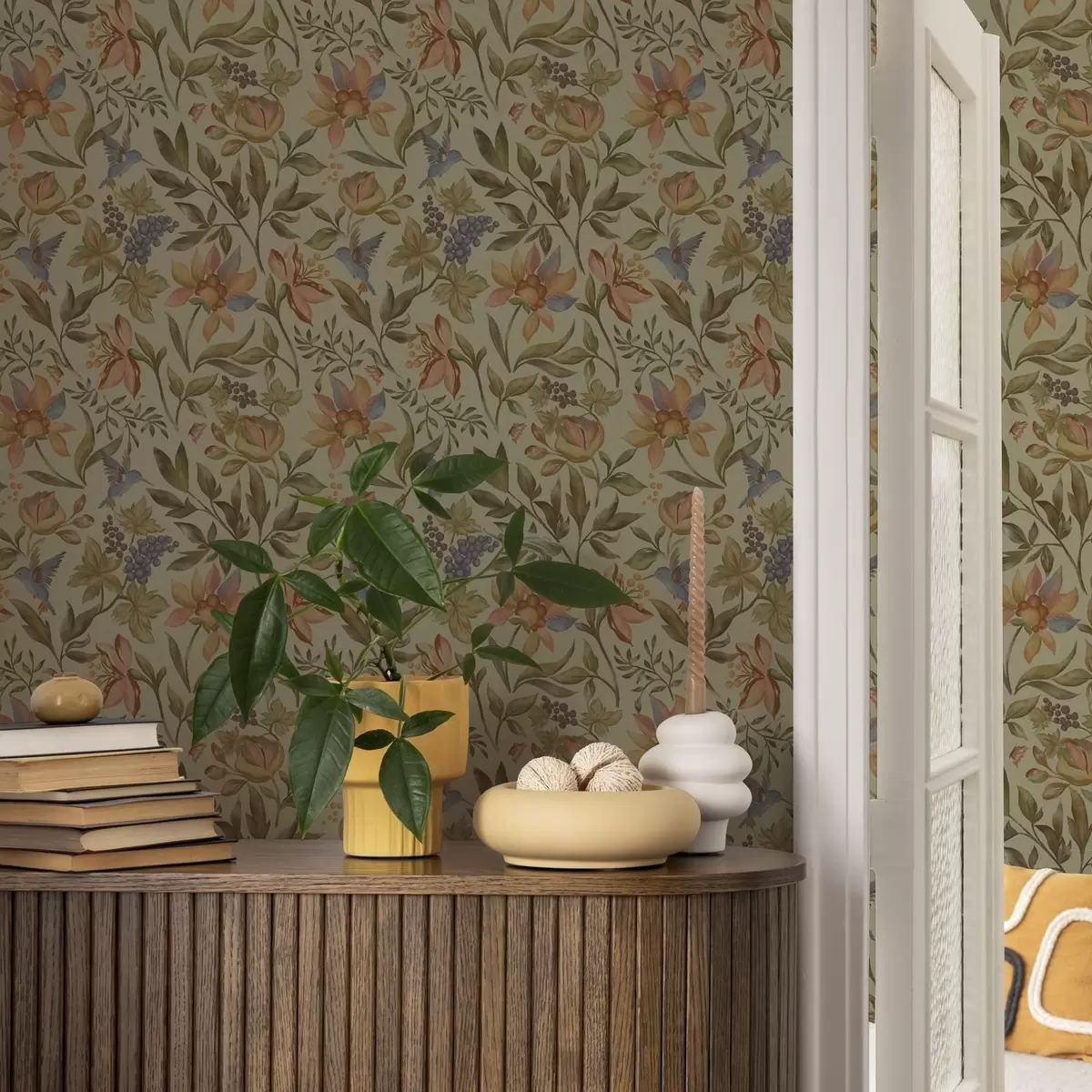 Tapeta Kwiaty i ptaki w stylu vintage z winogronami na oliwkowym tle a00594