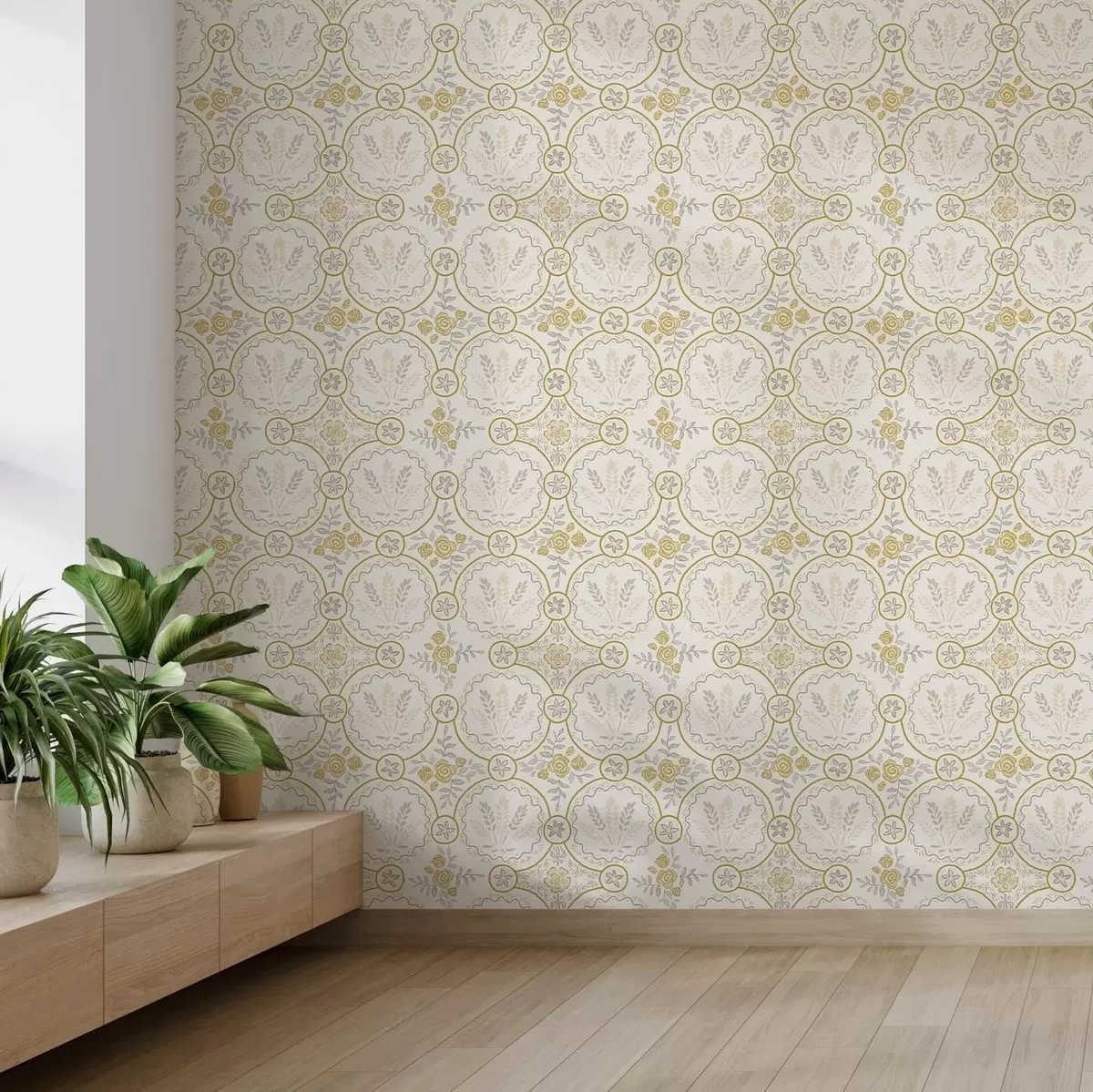 Tapeta Retro ornament z pszenicą i różami w kolorze złotym a00595