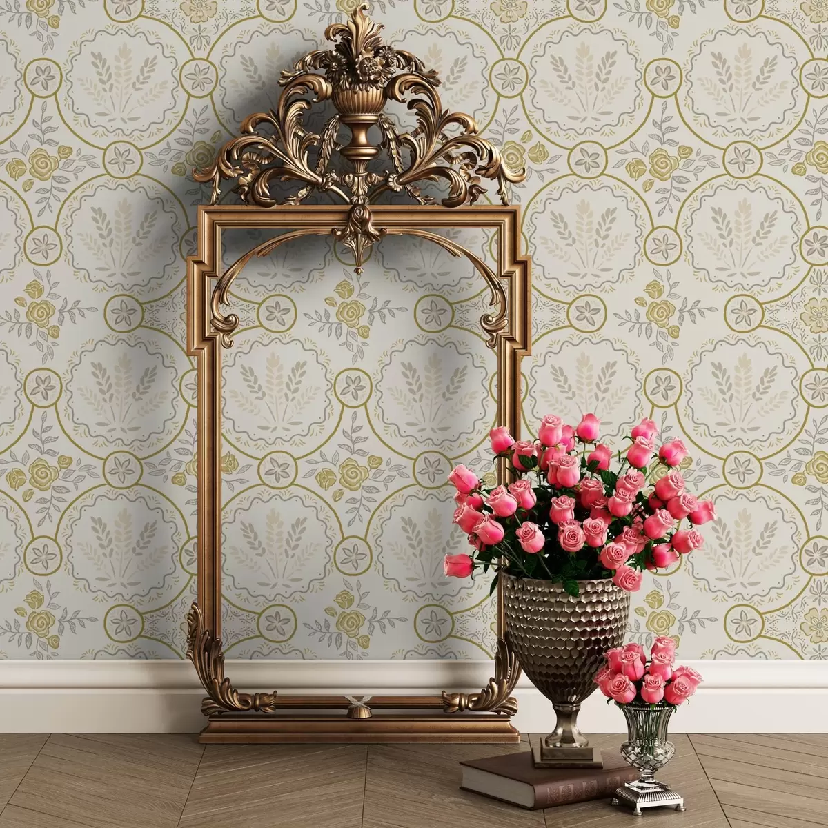 Tapeta Retro ornament z pszenicą i różami w kolorze złotym a00595