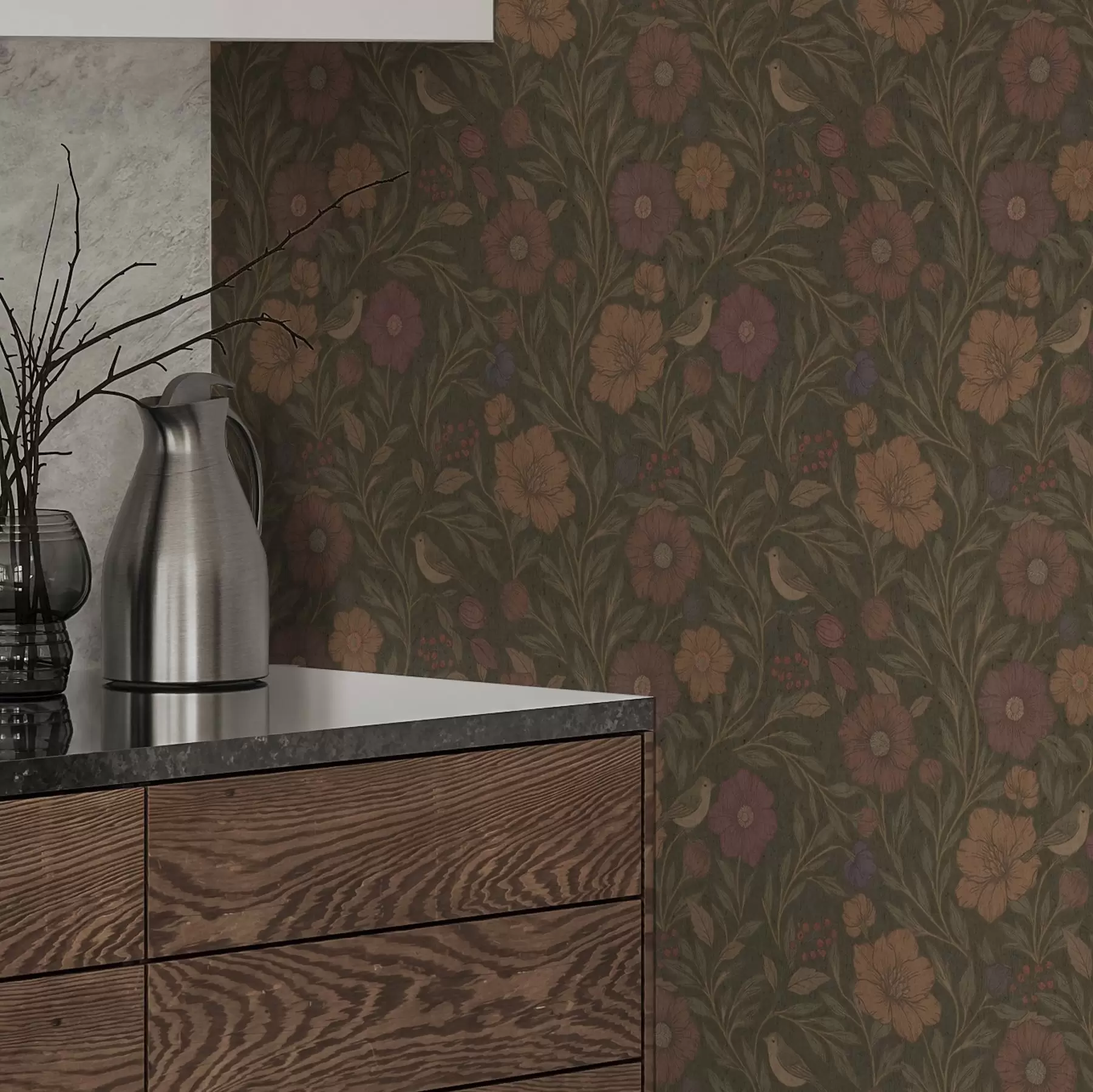 Fototapeta Jesienne kwiaty i ptaki na oliwkowo-brązowym tle a00605