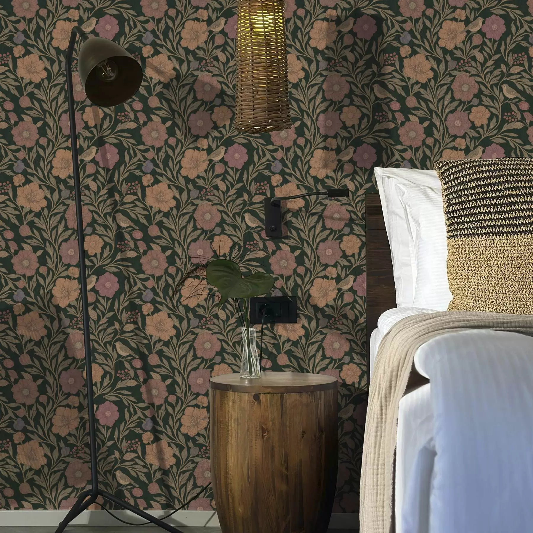 Fototapeta Jesienne kwiaty i ptaki na ciemnozielonym tle a00605v1