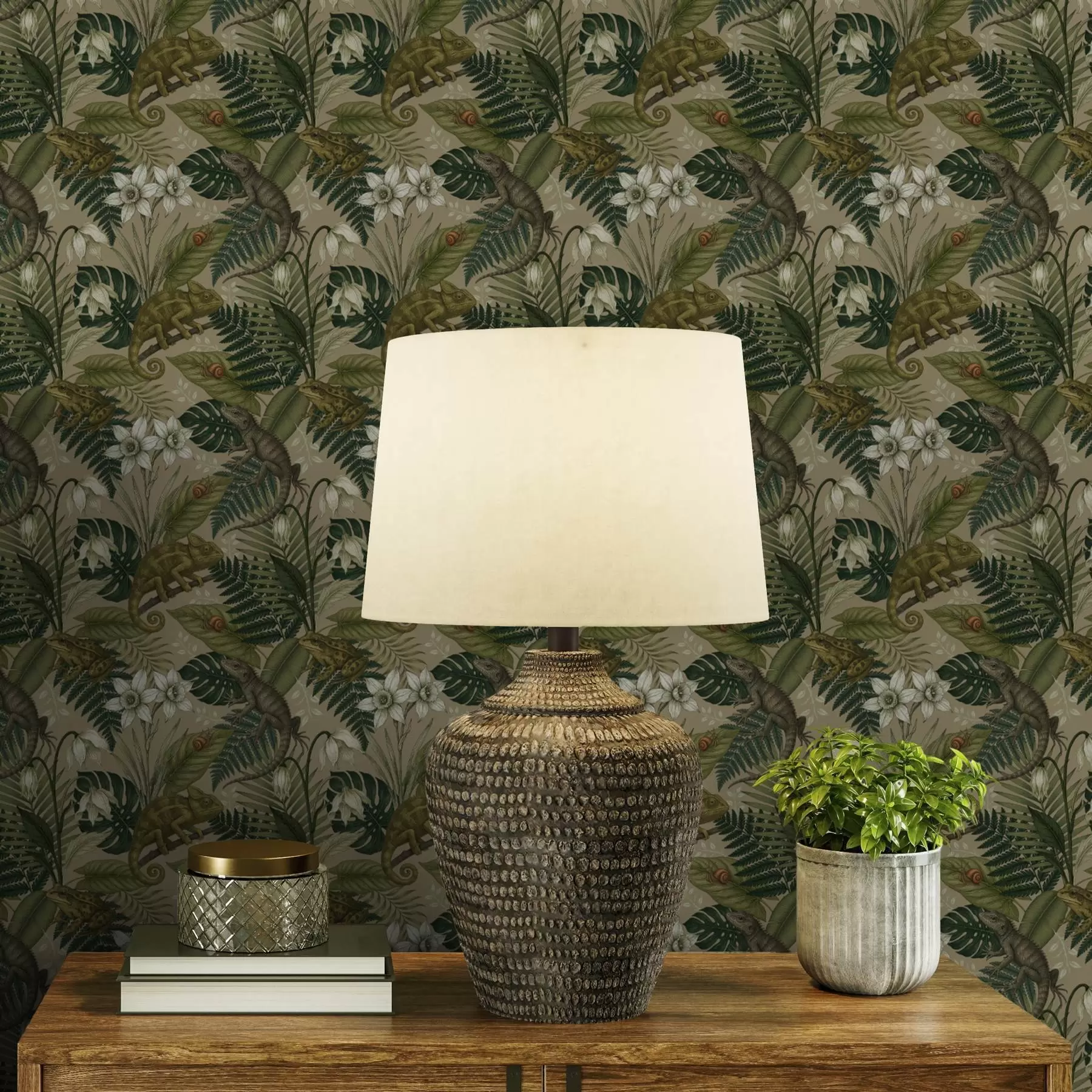 Fototapeta Kameleony i tropikalne liście, białe kwiaty, beżowe tło a00608