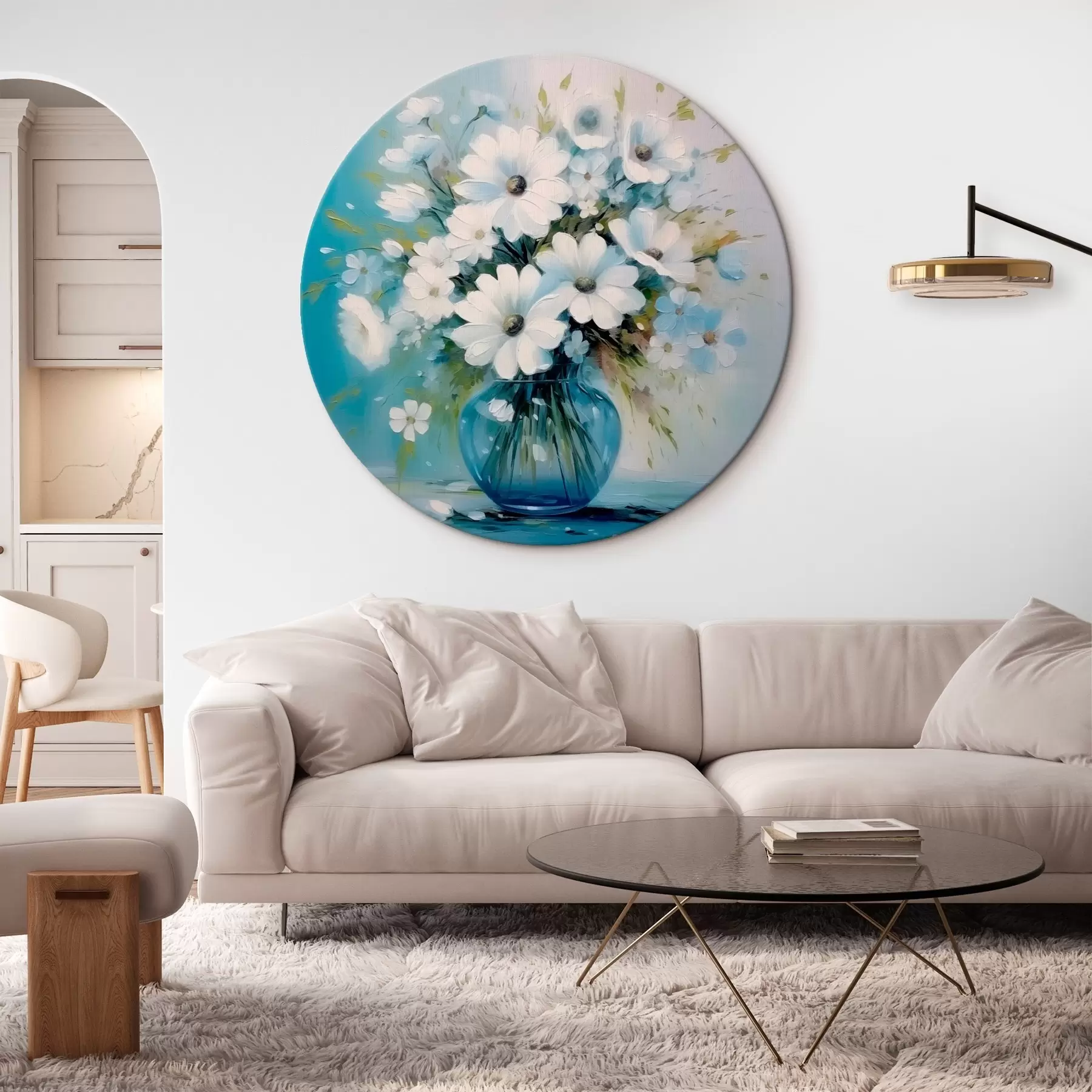 Obraz Bukiet stokrotek w niebieskim wazonie r45959