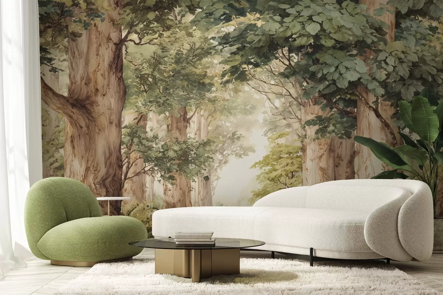 Fototapeta Leśna ścieżka wśród majestatycznych drzew w stylu akwareli w09404