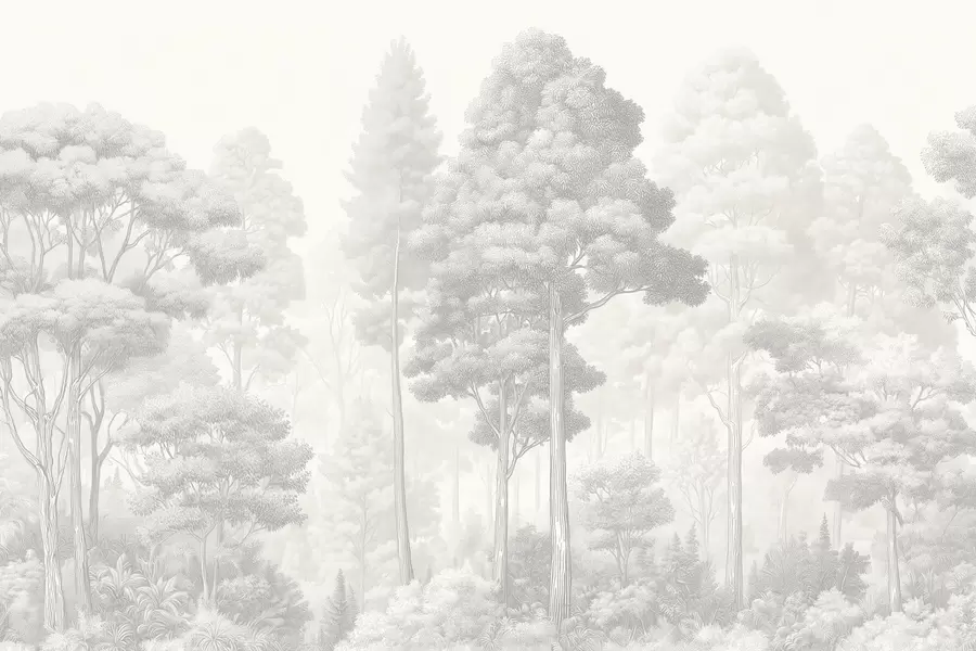 Fototapeta Artystyczny pejzaż leśny wykonany techniką czarno-białego kreskowania graficznego w09411