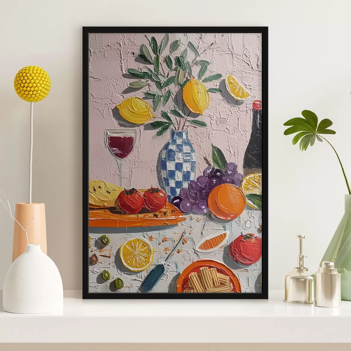 Plakat Pastelowa martwa natura: cytryny, winogrona i pomidory, impasto f45876