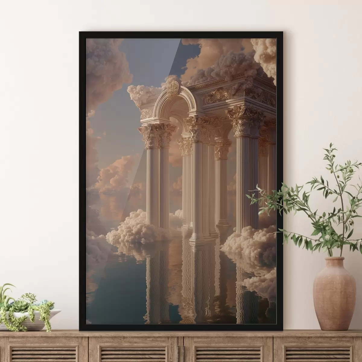 Plakat Kolumny w chmurach, odbicia na wodzie f45881
