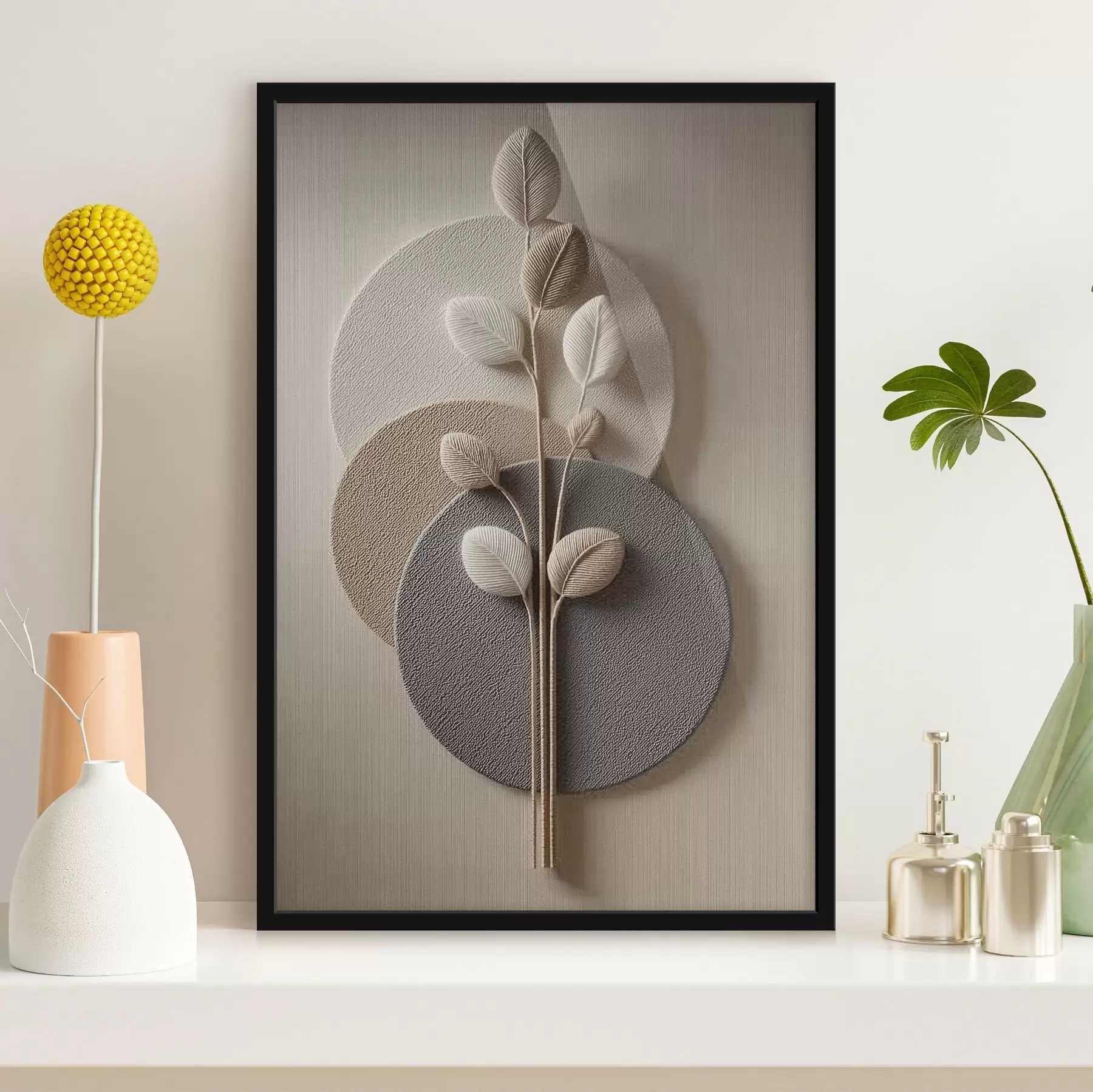 Fototapeta Kręgi reliefowe i gałąź w ciepłych, neutralnych odcieniach f45883