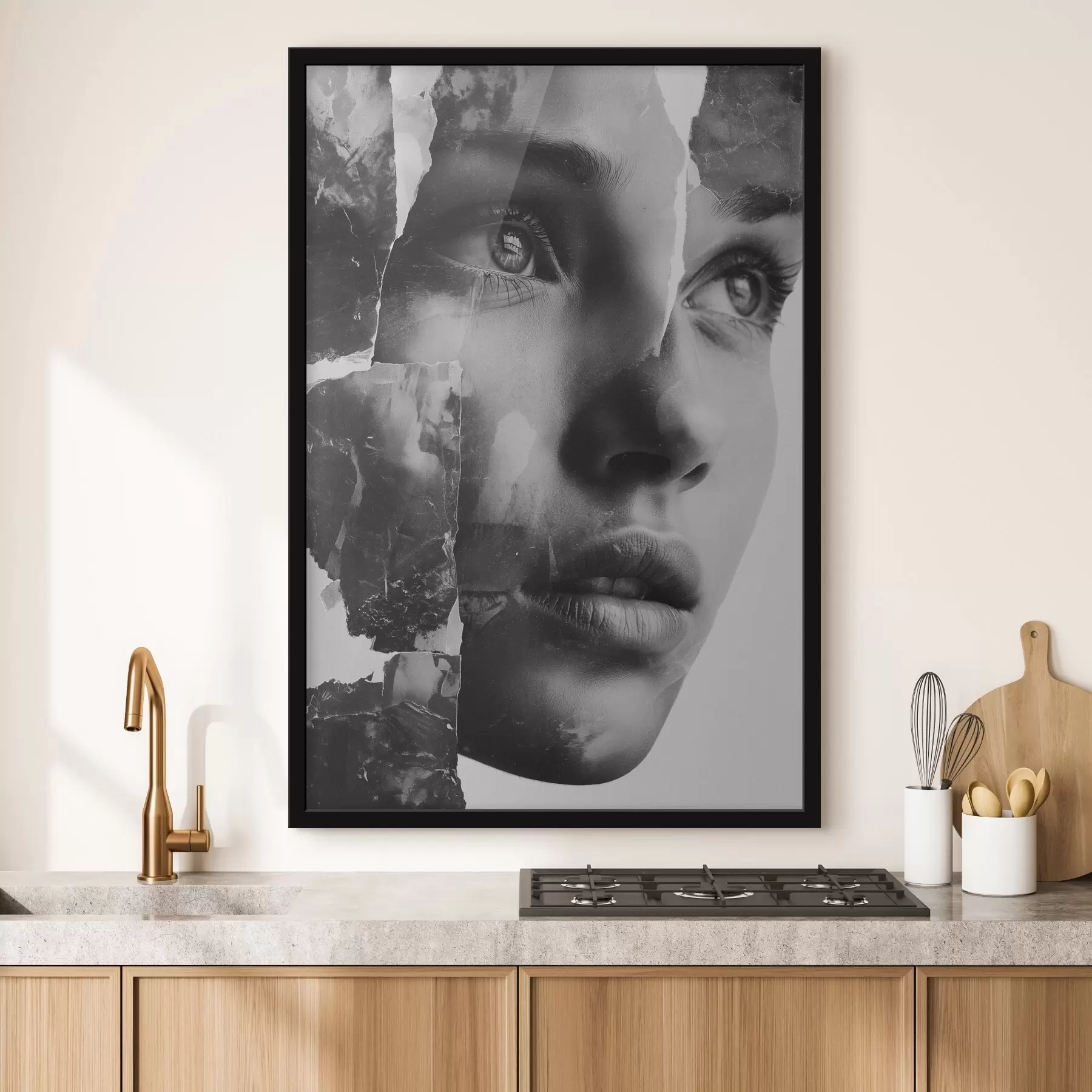 Fototapeta Czarno-biały kolażowy portret z podartymi warstwami tekstury f45898