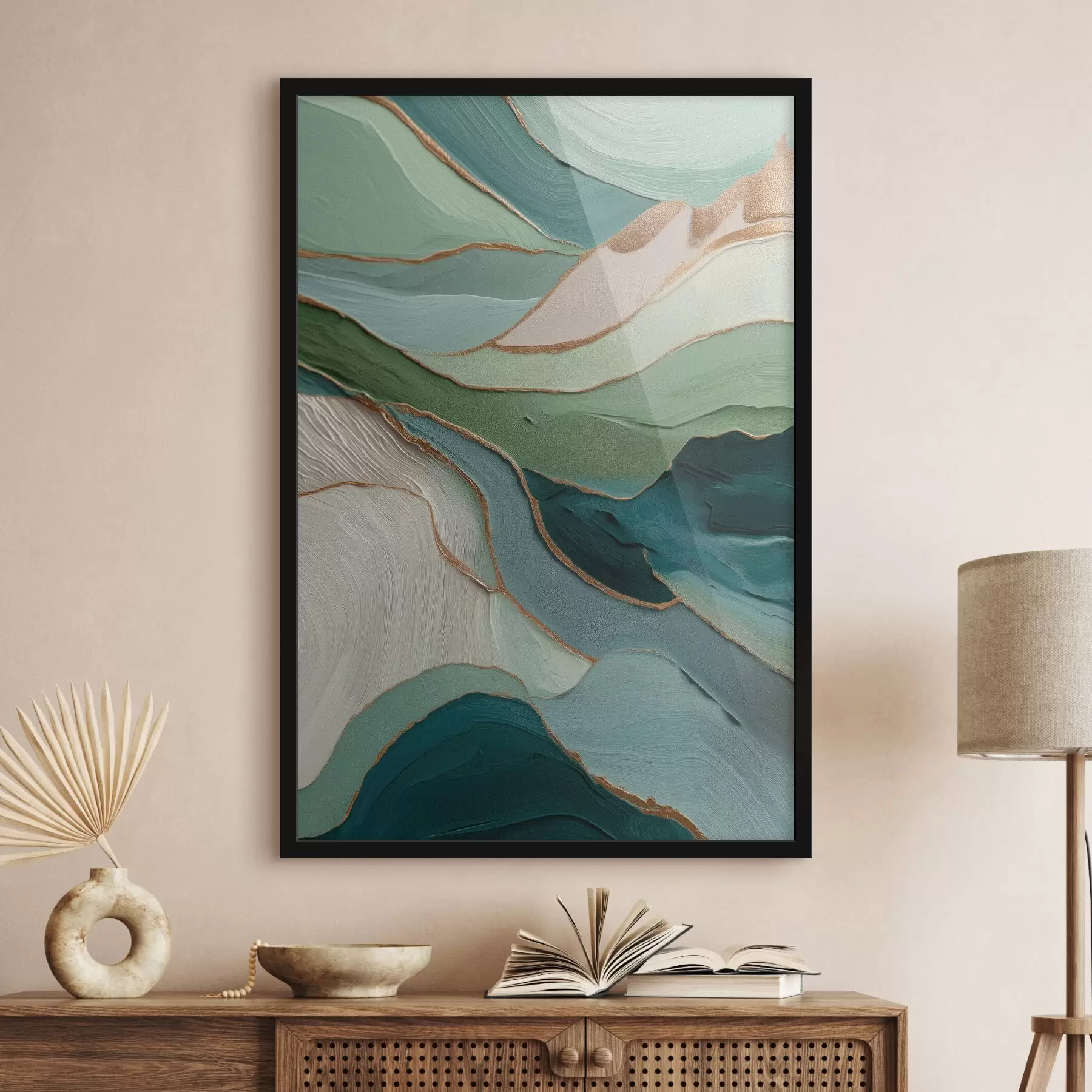 Fototapeta Warstwowa zielona abstrakcja z żółtymi liniami i głębią f45902