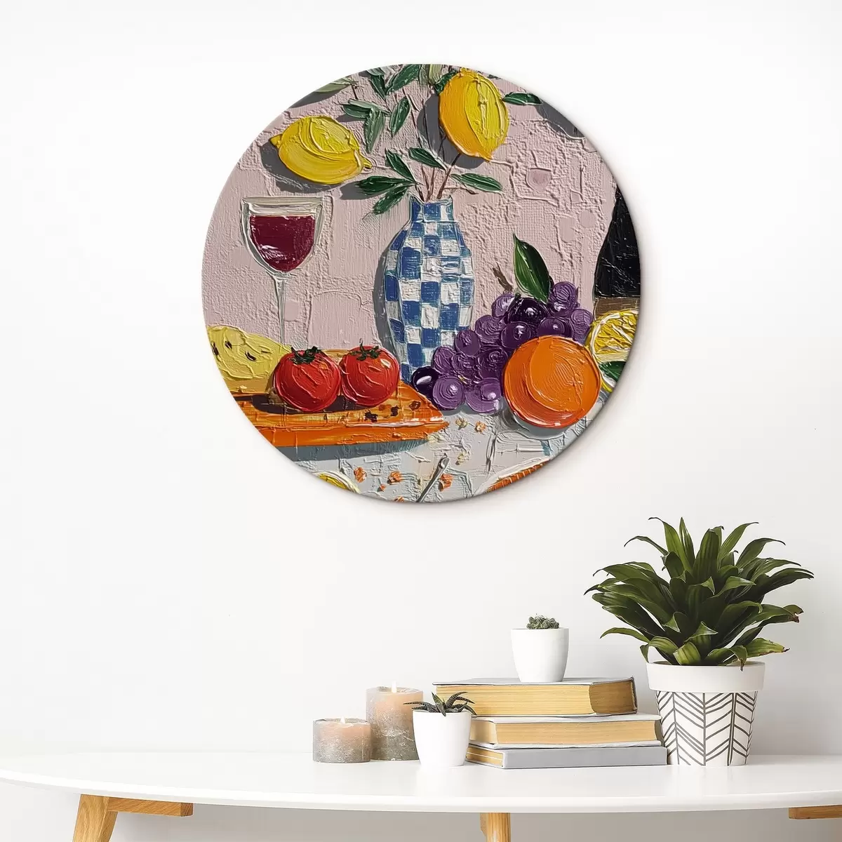 Okrągłe obrazy Pastelowa martwa natura: cytryny, winogrona i pomidory, impasto r45876