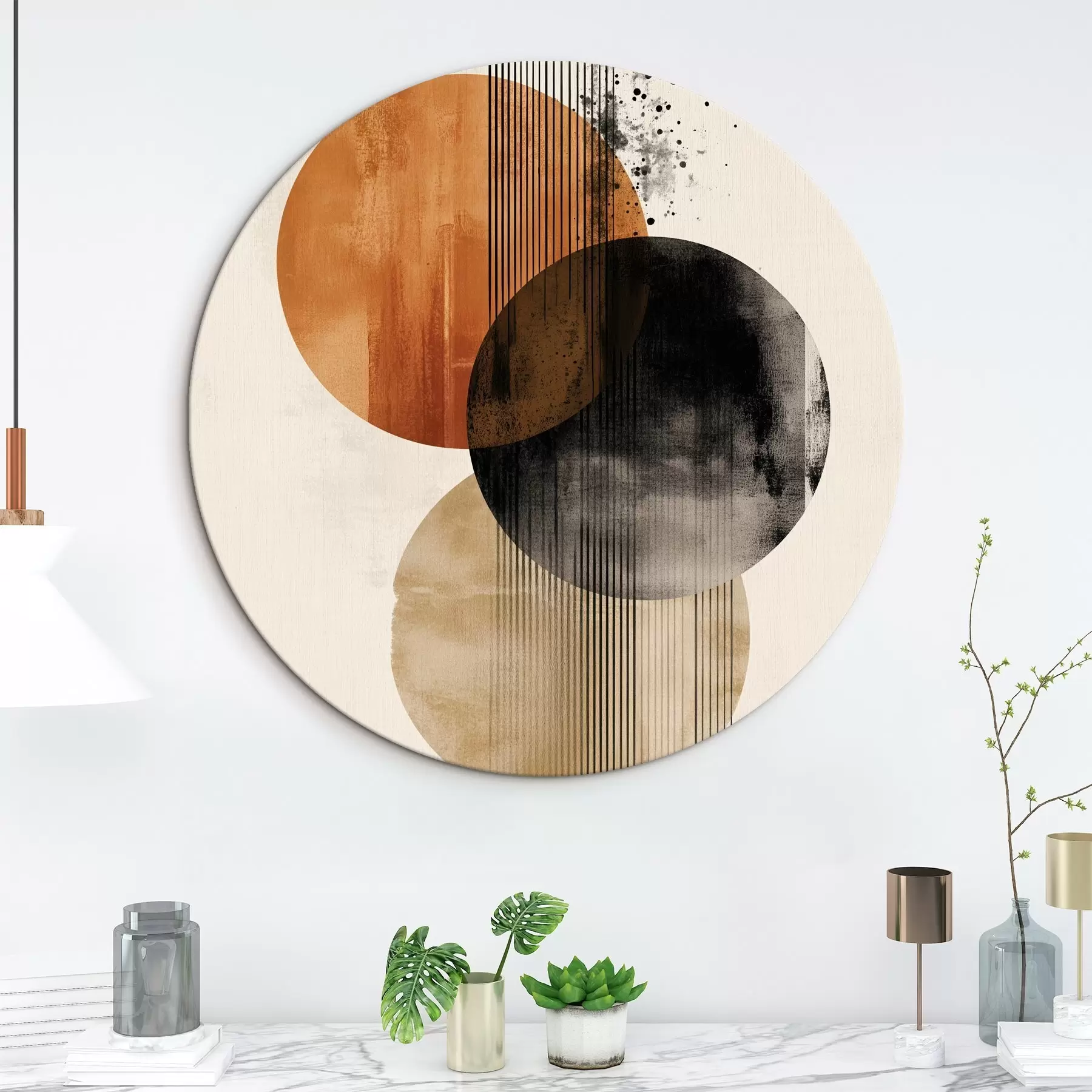 Obraz Trzy teksturowane koła z liniami w palecie kolorów terakota-czerń r45885