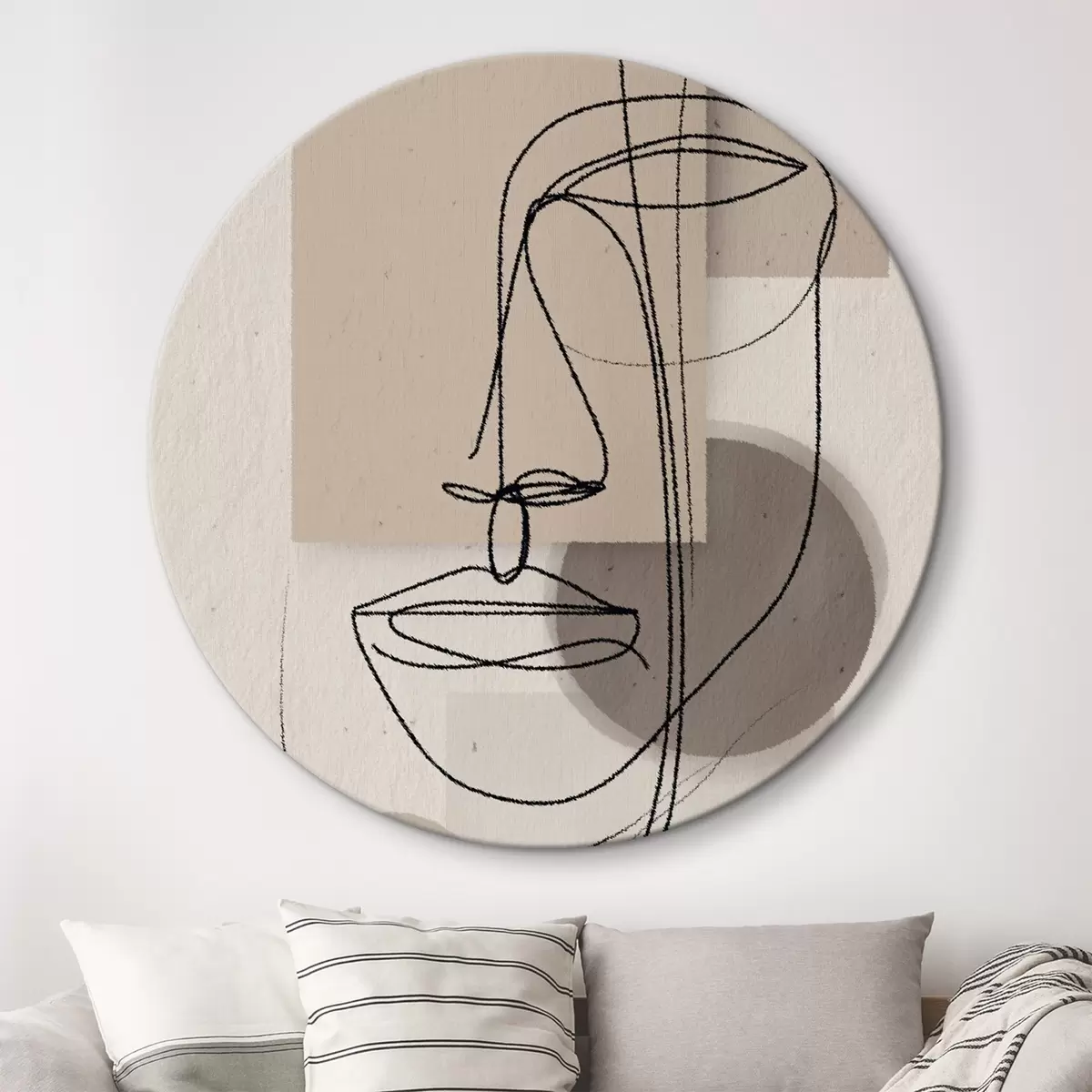 Okrągłe obrazy Portret na tle beżowych geometrycznych kształtów r45886